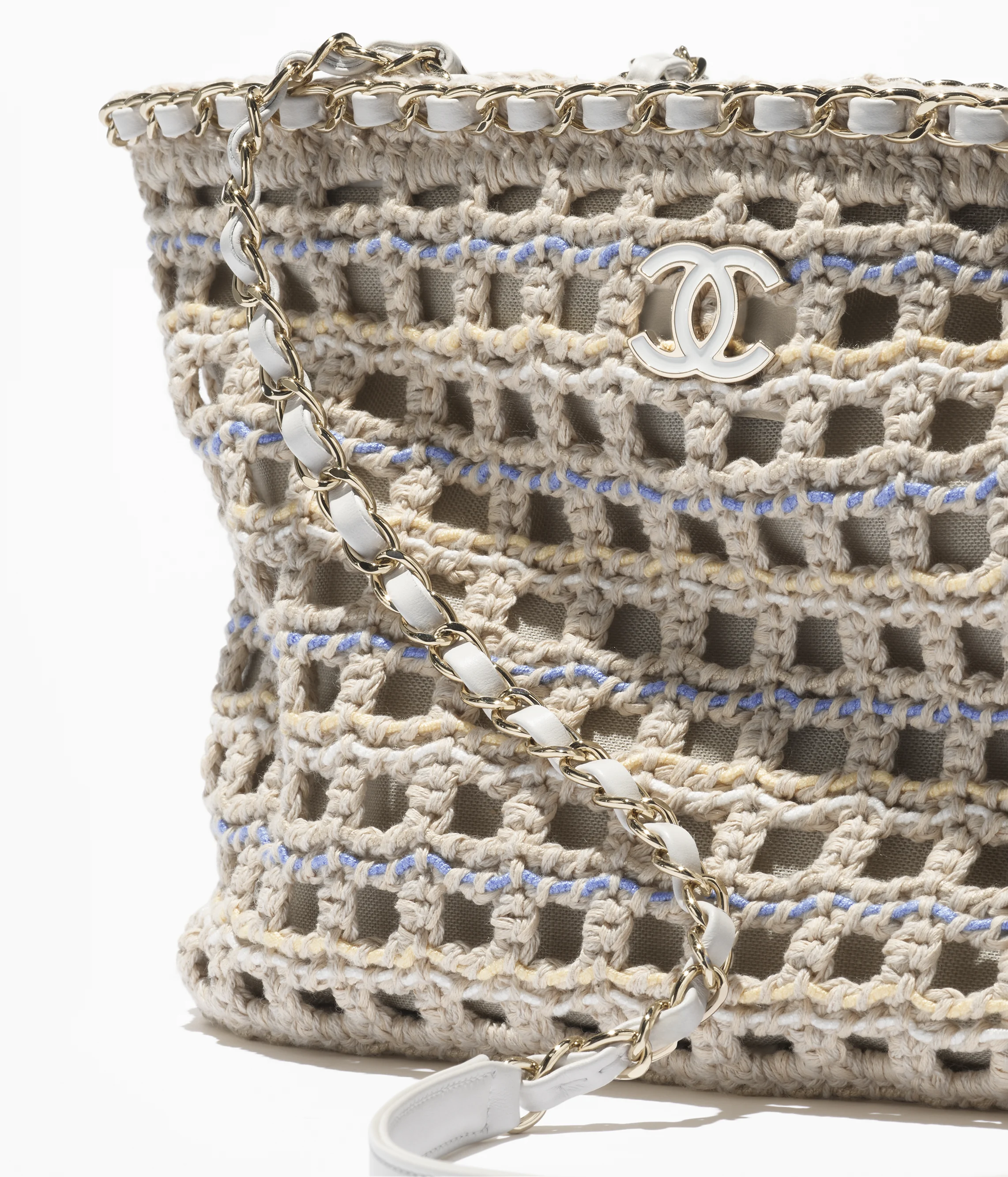 Chanel Small Shopping Bag Cotton Crochet & Gold-Tone Metal Beige, White, Blue & Yellow AS5235-B18697-NACUD