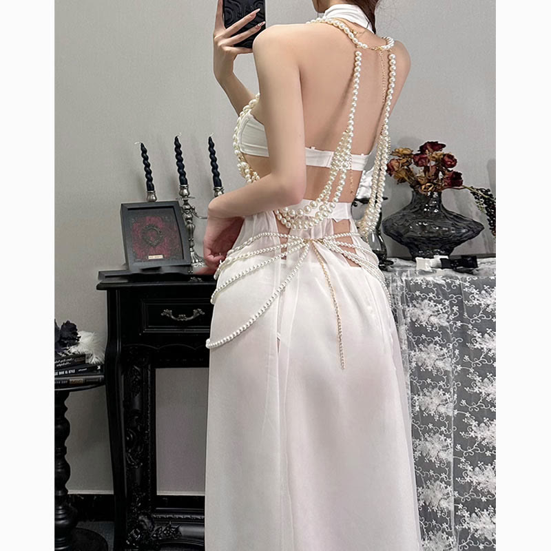 Hollow out See-through Pearl String Slit Lingerie Dress