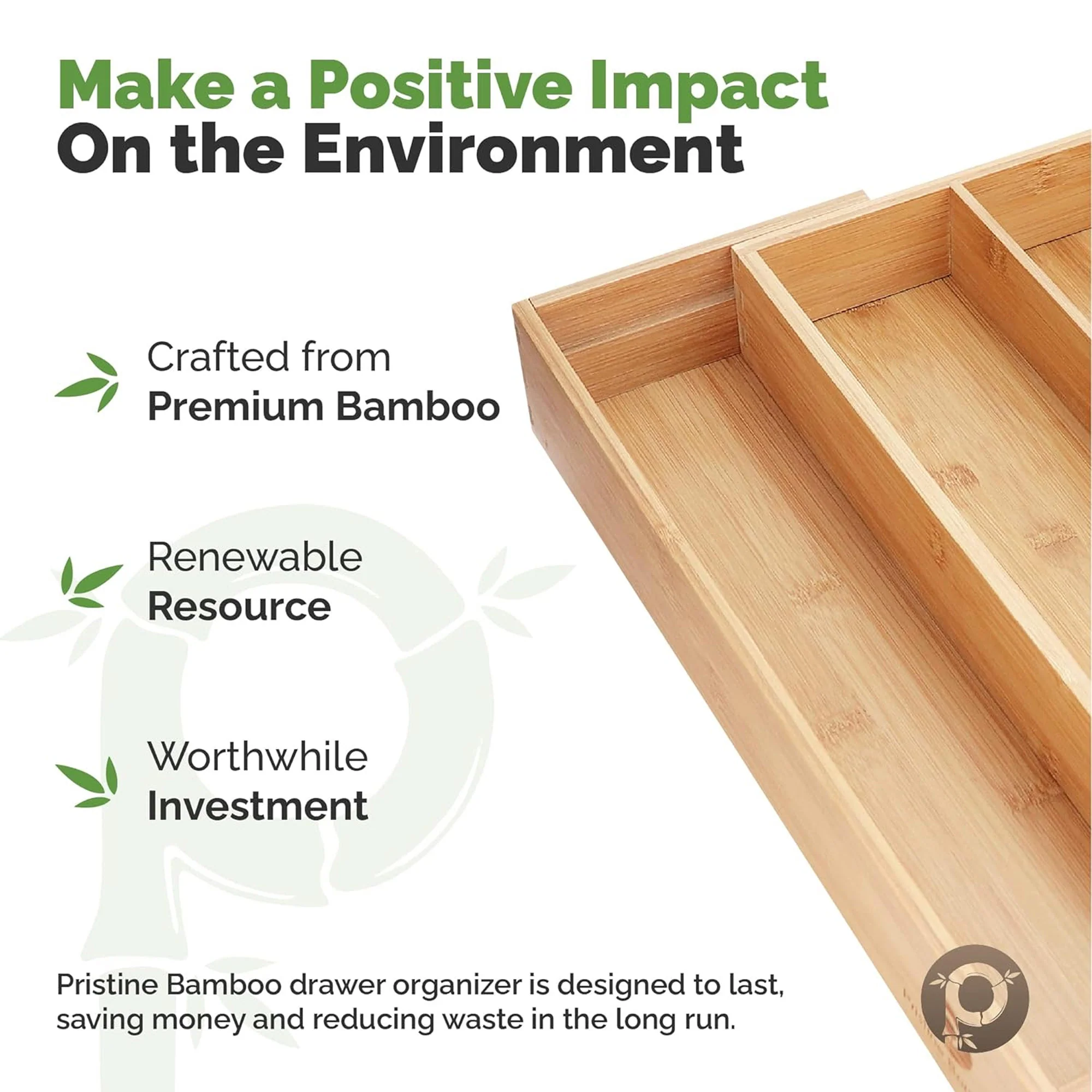 Pristine Bamboo Silverware Expandable Adjustable Wooden Divider Tray Organizer, 5 Slots, 17x19.3x2.4 Inches