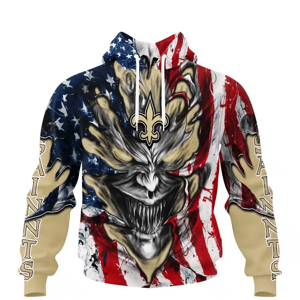 NEW ORLEANS SAINTS DEMON FACE AMERICAN FLAG-3D UNISEX HOODIE