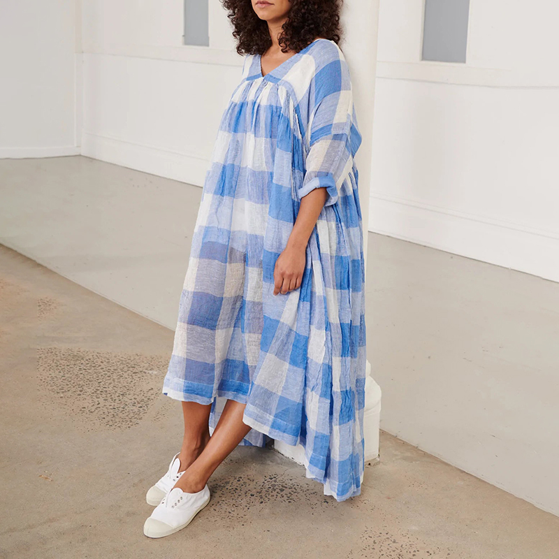 Plaid Patchwork Comfortable And Loose V-Neck Large Swing Maxi Dress