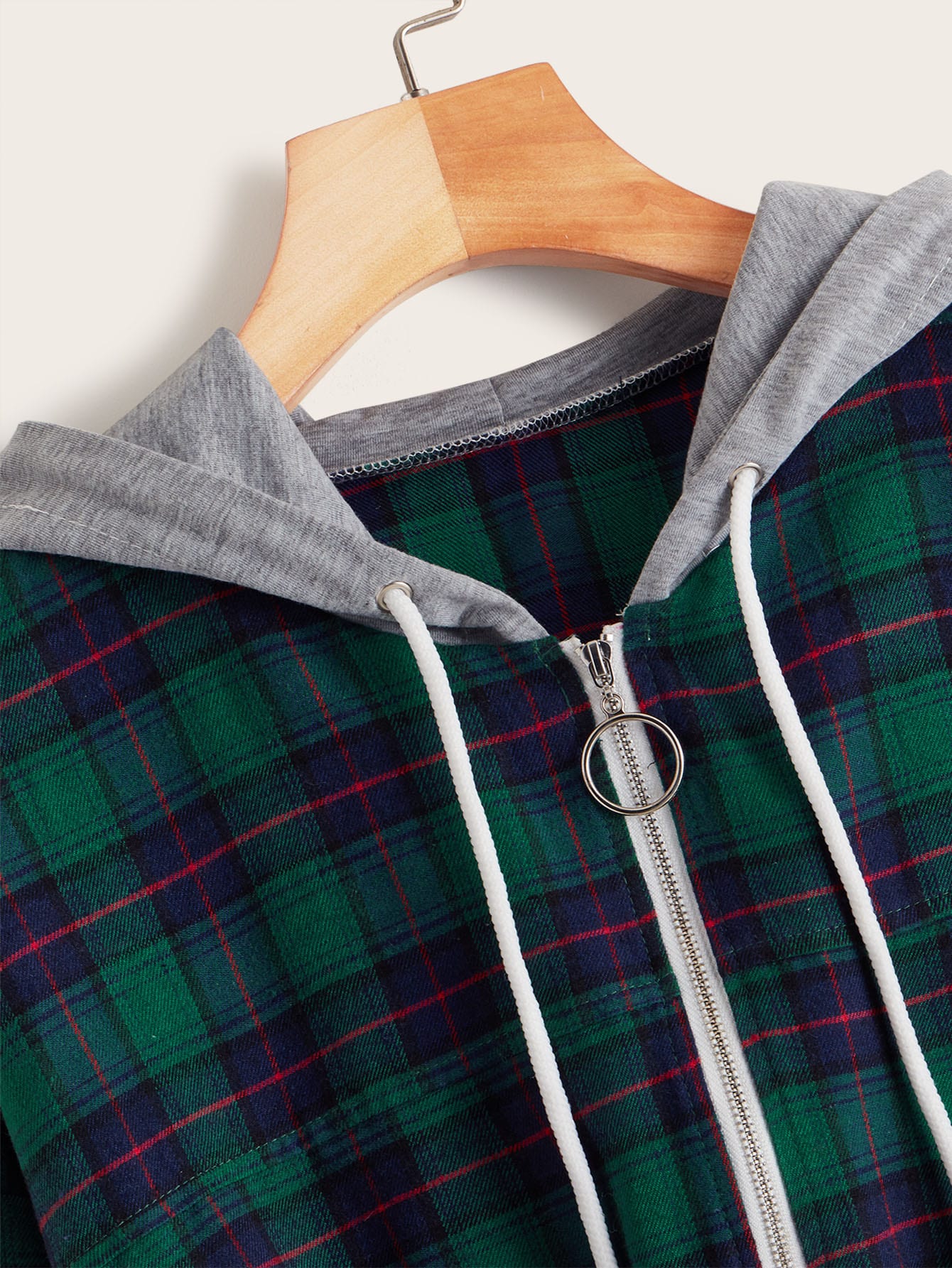 Plaid O-Ring Zip Up Drawstring Hooded Jacket