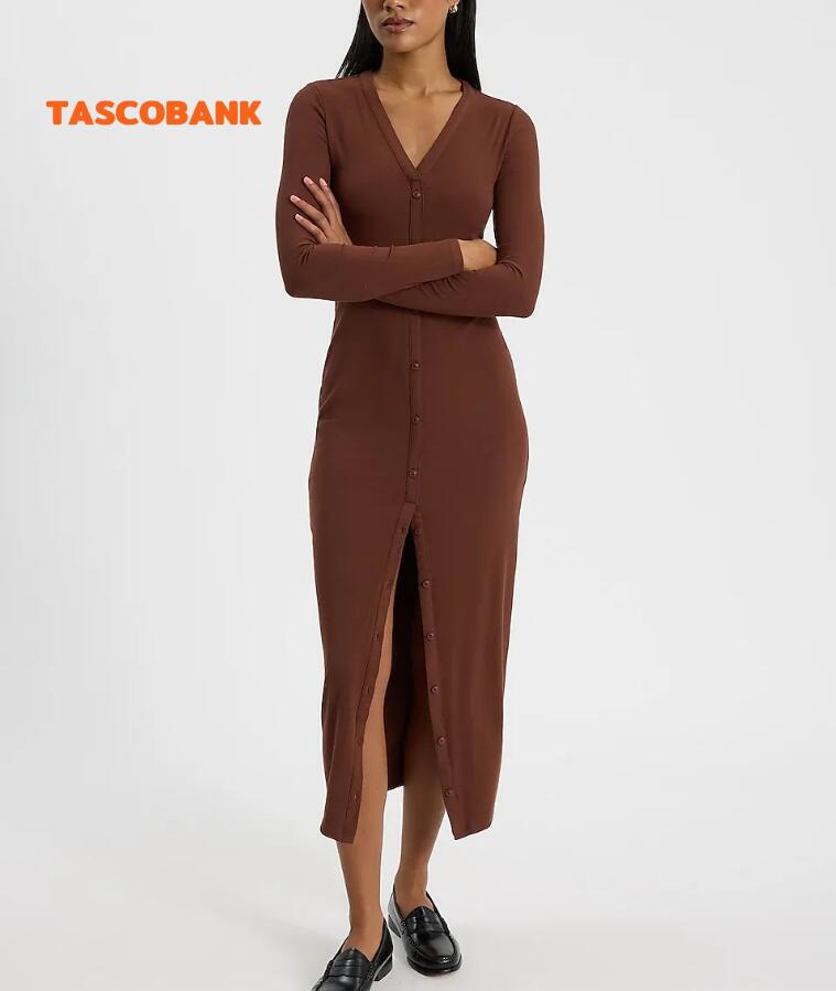 Ribbed Knit Long Sleeve Button Down Midi Dress