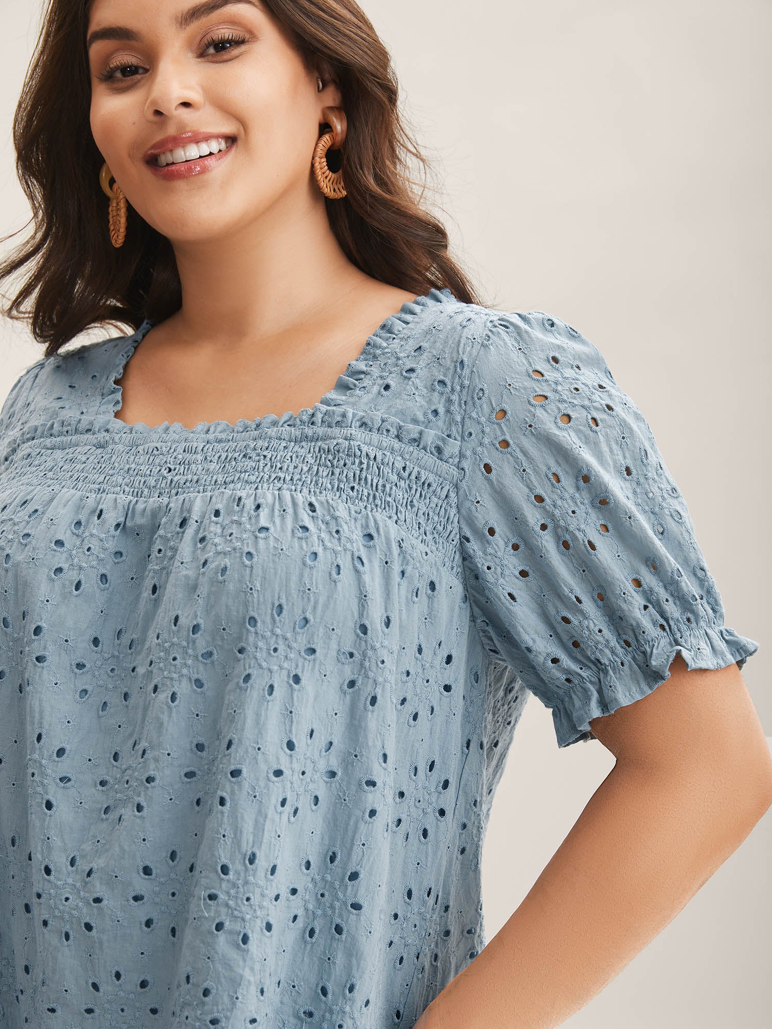 Eyelet Trim Shirred Neck Puffy Sleeve Blouse