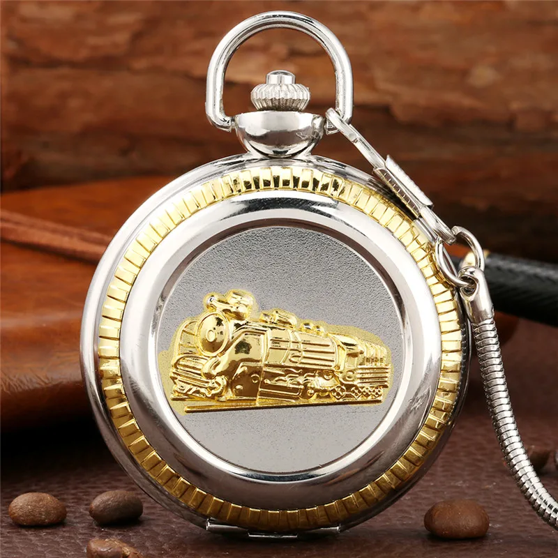 Luxury Golden Steam Train Cover Roman Numeral Display Clock Locomotive Quartz Pocket Watch for Men Women with Pendant Chain Gift