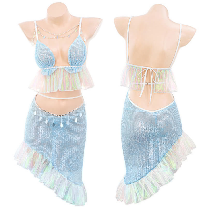 Cosplay Mermaid Sequins Bra Mesh See-through Lingerie Set