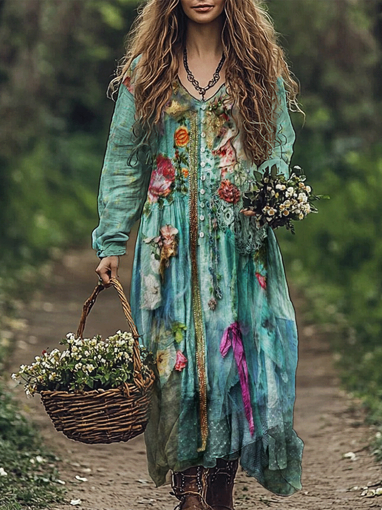 Vintage Boho Floral Textile Flowy Linen Blend Maxi Dress