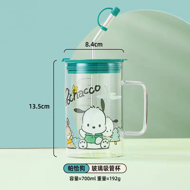 Sanrio Glass Mugs with Straws and Lids 23oz Drinking Glass Cups for Iced Coffee, Smoothie, Overnight Oats Containers