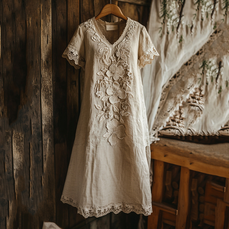 Women's Retro Lace Embroidery Art Midi Dress