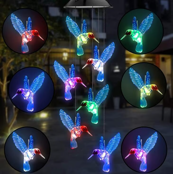 🎁🔥ON SALE - 45% OFF🔥Solar color-changing hummingbird wind chime-Rainbow Color Changing LED Lights,Six birds and it comes assembled.