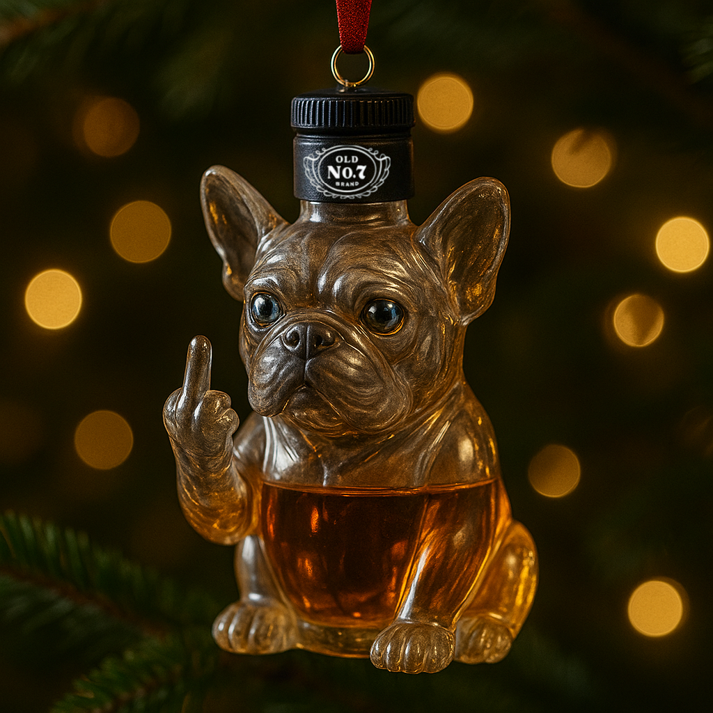 Funny Middle Finger French Bulldog Whisky Bottle Christmas Ornament