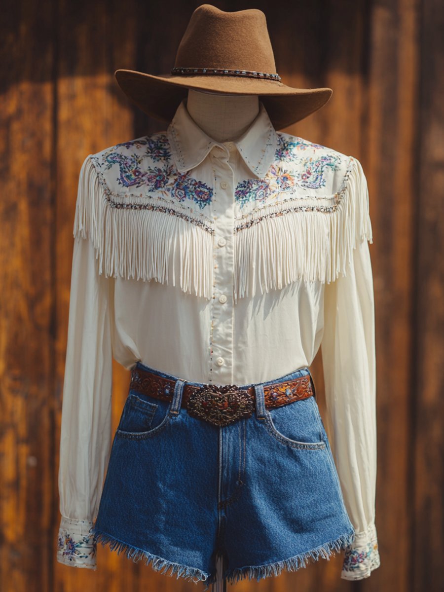 Women's Western Vintage Tassel Floral Print Western Long Sleeve Shirt