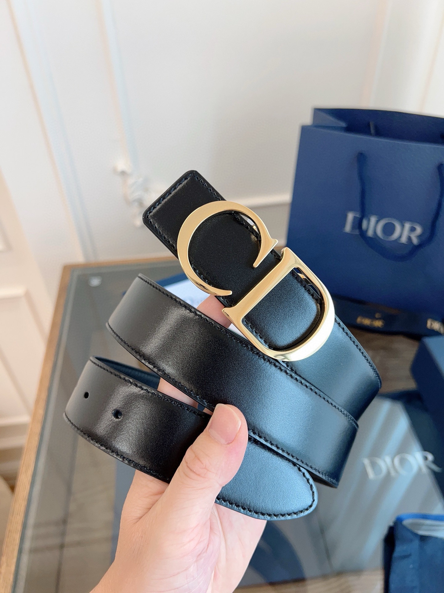Dior shiny black leather belt width 3.5cm