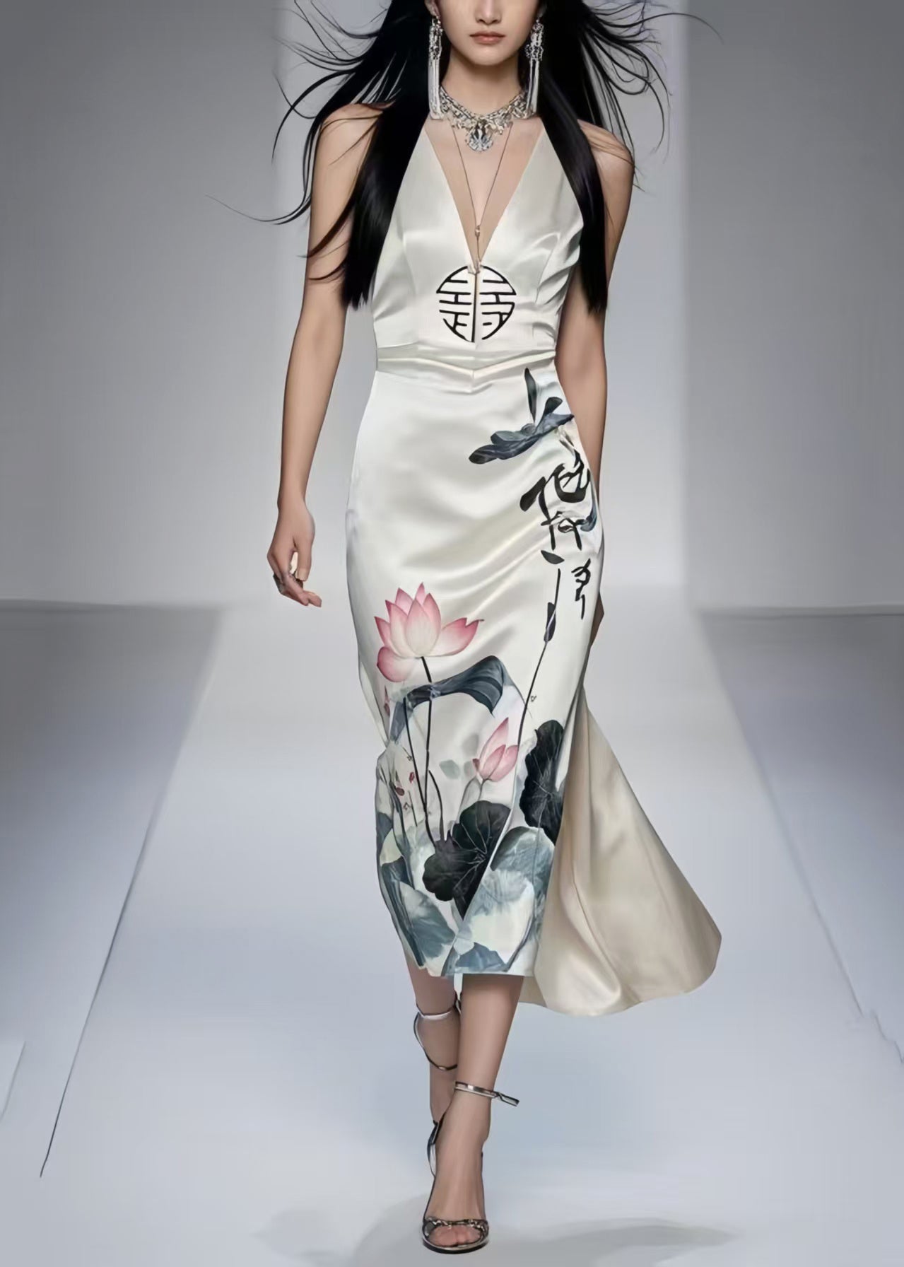 New Retro White Print Silm Fit Wraped Dress Sleeveless