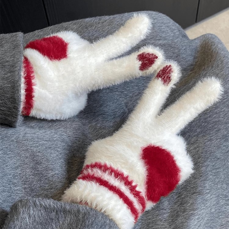 Love fluffy knitted gloves, winter thickened warm cycling out cold riding