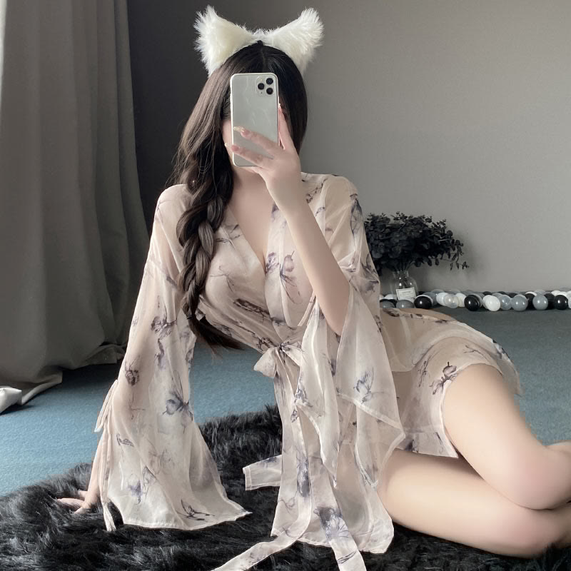 Sexy Butterfly Print See-through Kimono Lingerie Set