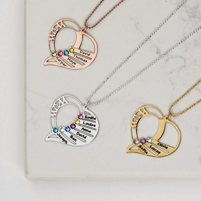 Engraved Mom Heart Birthstone Necklace