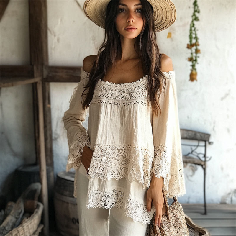 Vintage Floral Hollow Lace Hem Layered Linen Blend Tunic
