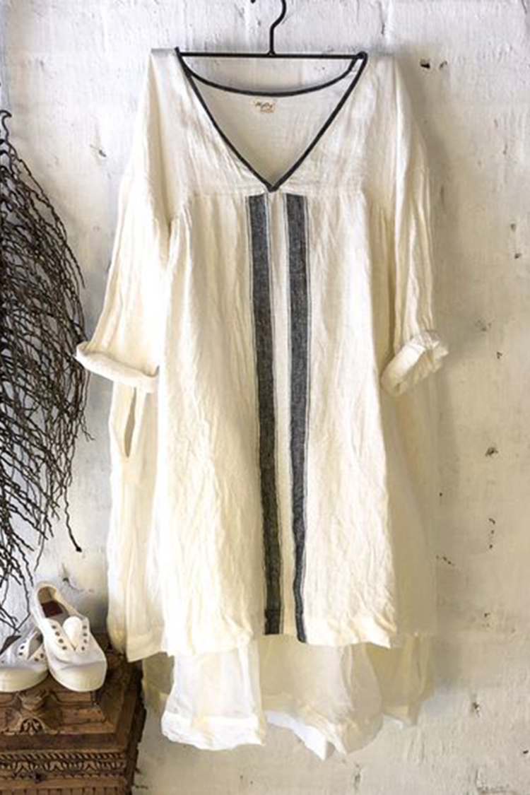 Cotton Linen V-Neck Panel Midi Dress