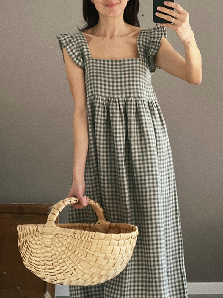 Checked Square Neck Ruffled Camisole Midi Dress