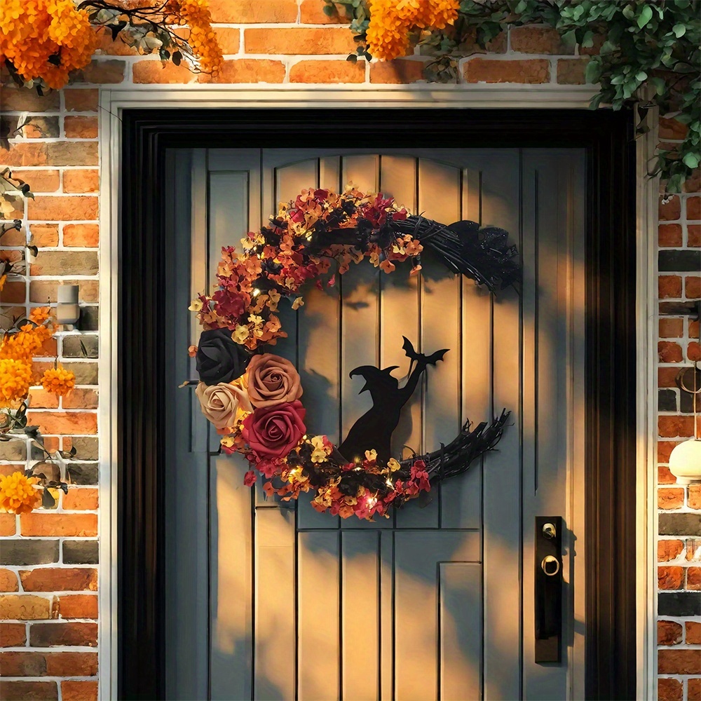 💥ON SALE💥-🌙 Witch Cat Moon Wreath  with Autumn Leaves & Roses 🐈‍⬛🍂🌹