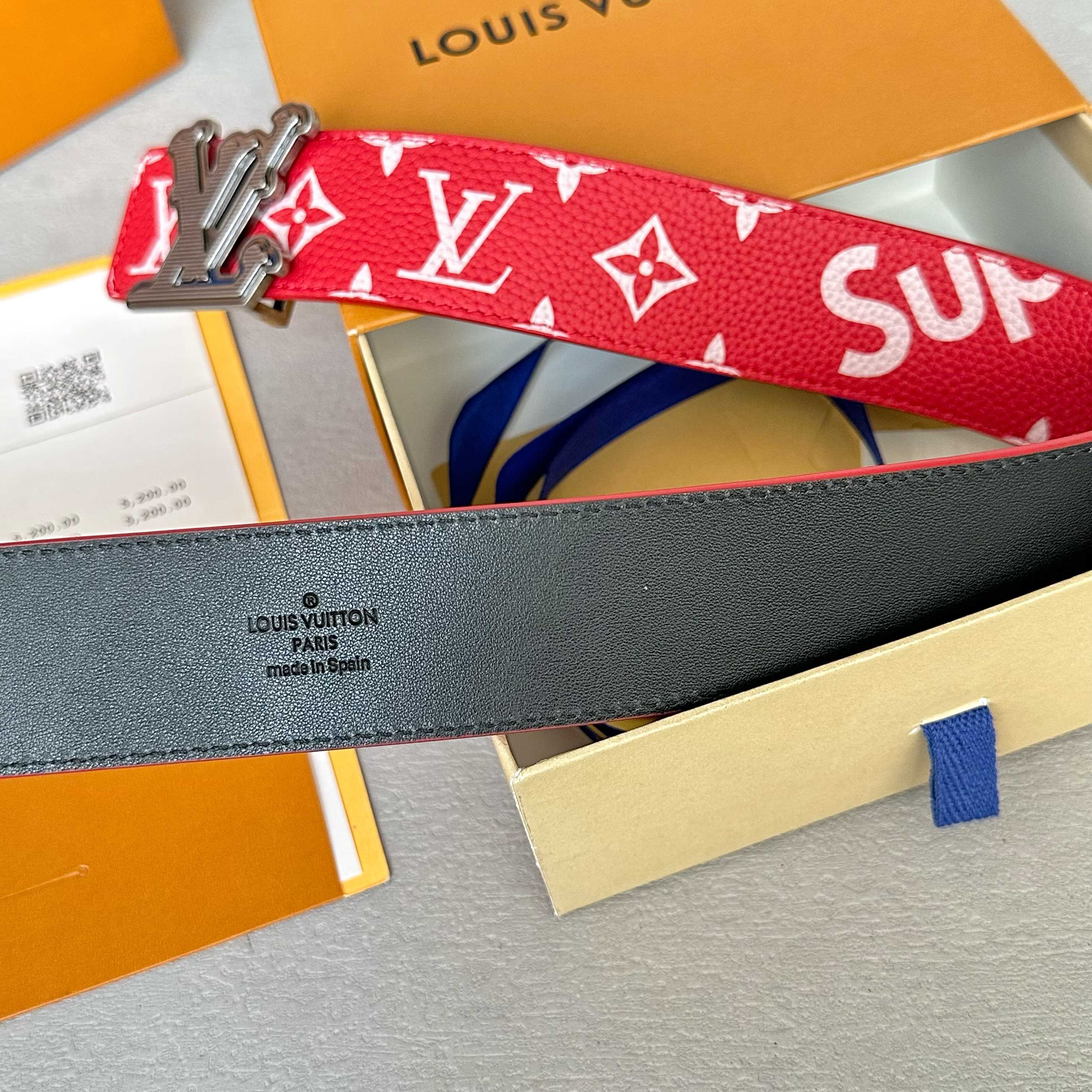 Louis Vuitton Litchi Pattern Double-Sided Cowhide Leather Belt 4CM Width