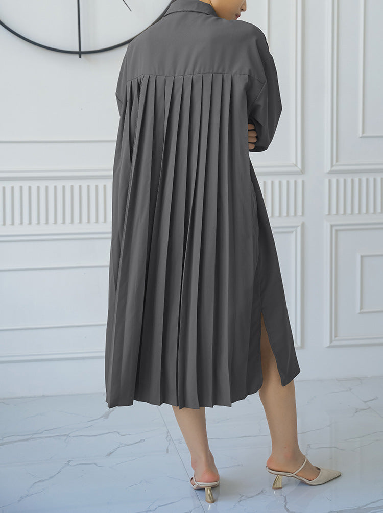 Spring Autumn Loose Overknee Dress Women Casual Large Version Back Pleated Long Shirt Dress