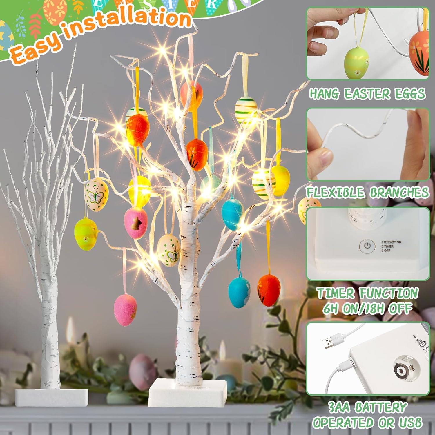 Easter Birch Tree Egg Decorative Lights💥（Free 24 eggs of random colors）