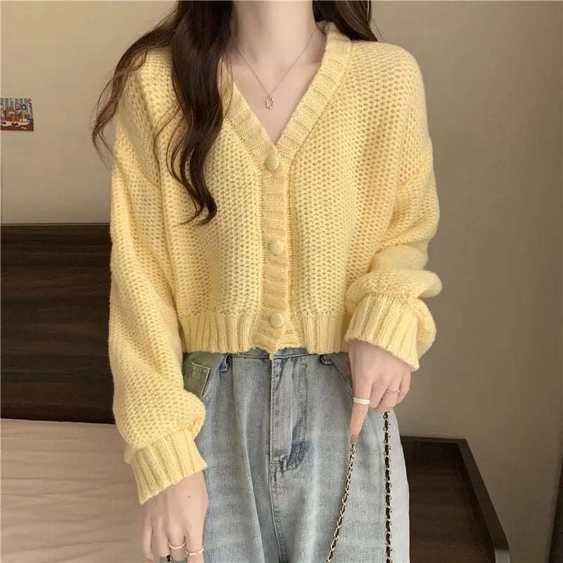 Button-Up V-Neck Knit Cardigan
