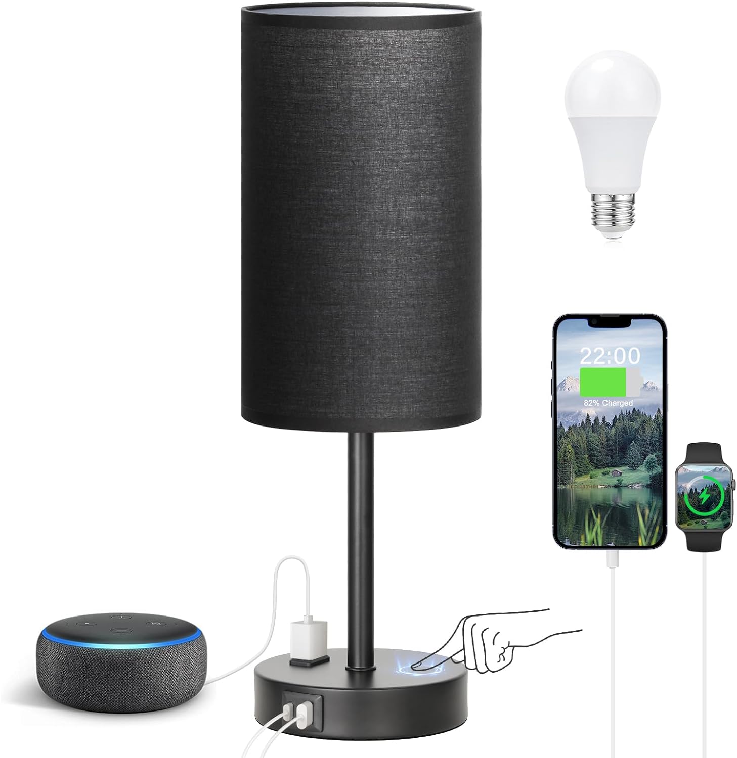 Bedside Table Lamp for Bedroom - 3 Way Dimmable Touch Lamp USB C Charging Ports and AC Outlet, Small Lamp Wood Base Round Flaxen Fabric Shade for Living Room, Desk, LED Bulb Included