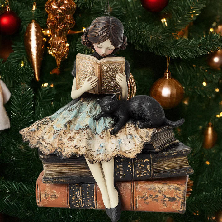 Reading Girl With Black Cat Ornament