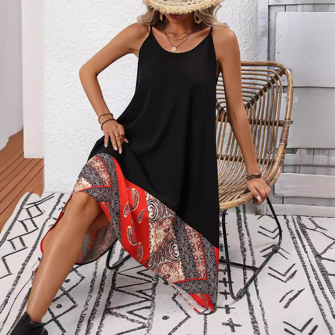 Women Summer Casual Cool Printed Sling Round Neck Non Standard Hem Stitching Dress Hours