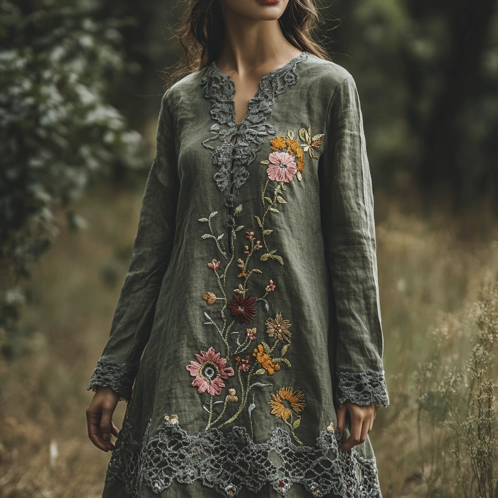 Floral Embroidery Patchwork Cut-out Lace Women's Linen Maxi Dress