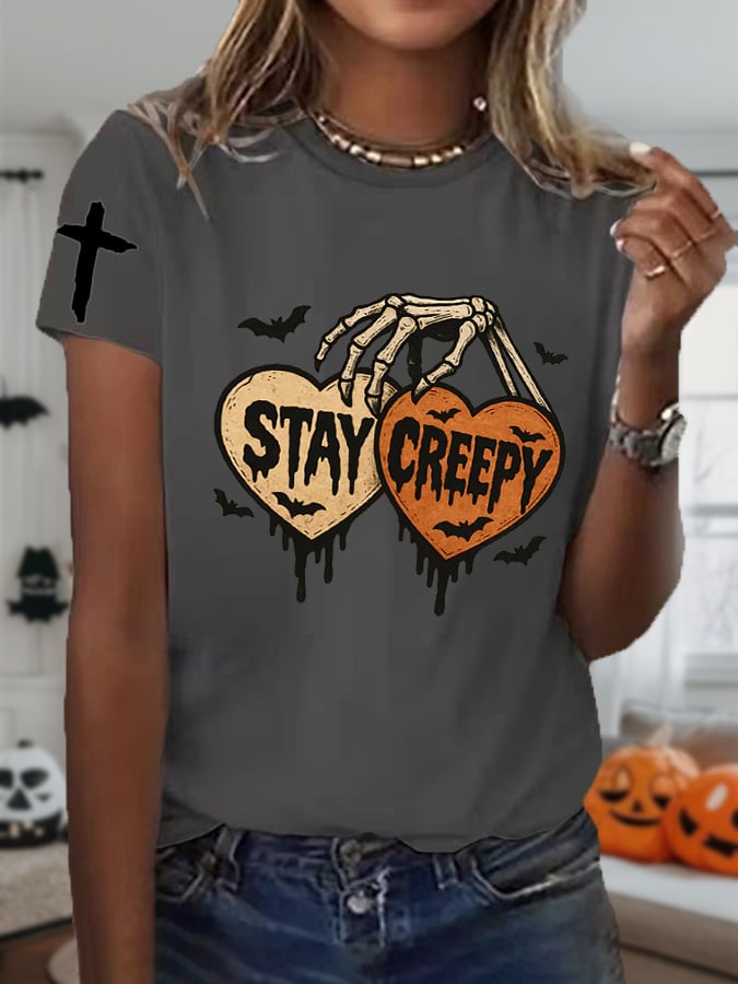 🔥Buy 3 Get 10% Off🔥Women'S Halloween Stay Creepy Print Short Sleeve T-Shirt