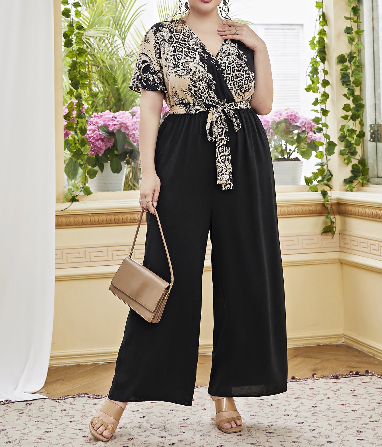 V neck Jumpsuit Vintage Pattern Stitching Printing Lace up Waist Straight Loose High Waist Jumpsuit Wide Leg Pants