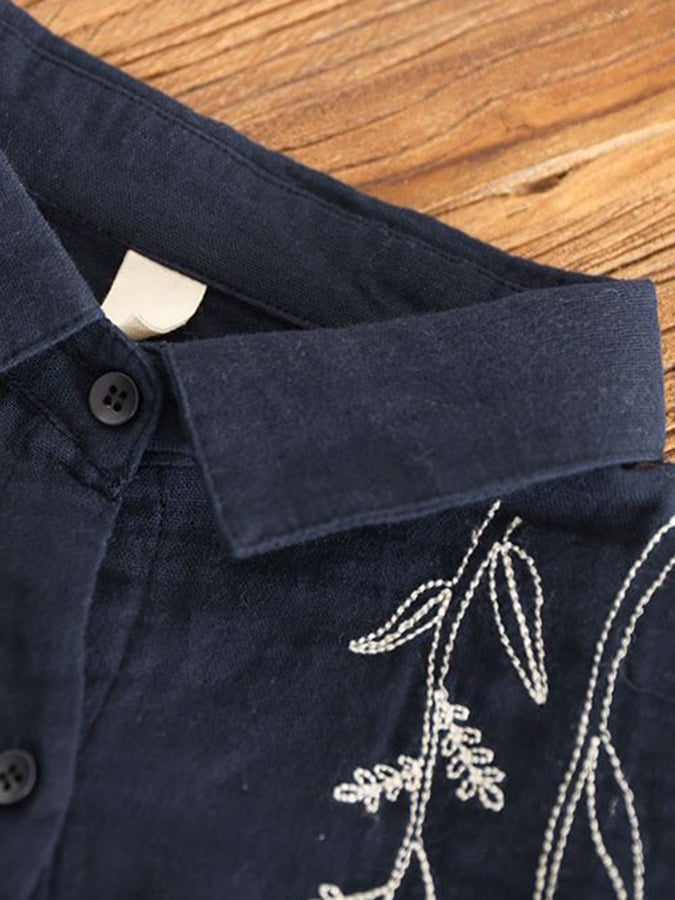 Minimalist Retro Embroidered Long Sleeved Lapel Shirt