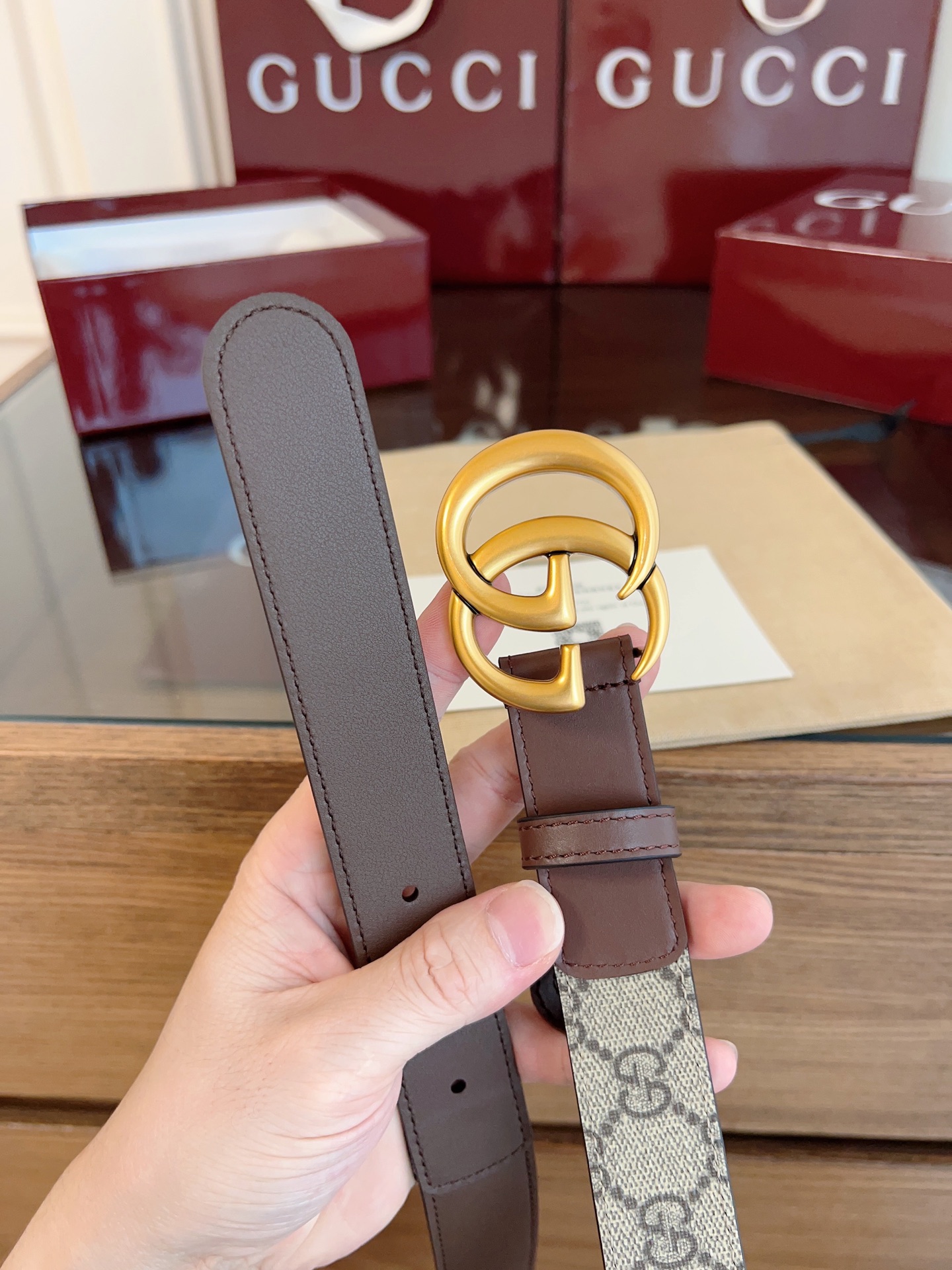 Gucci Double G steel buckle women's cowhide double-sided belt 3.0cm wide