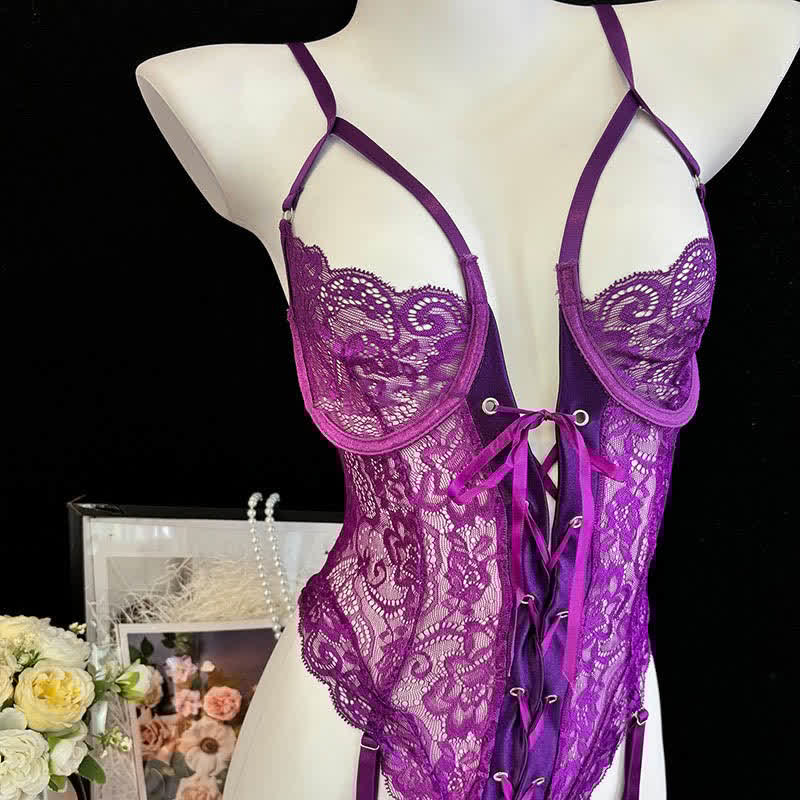 Sexy Lace See-through Lace-up Jumpsuit Lingerie Set