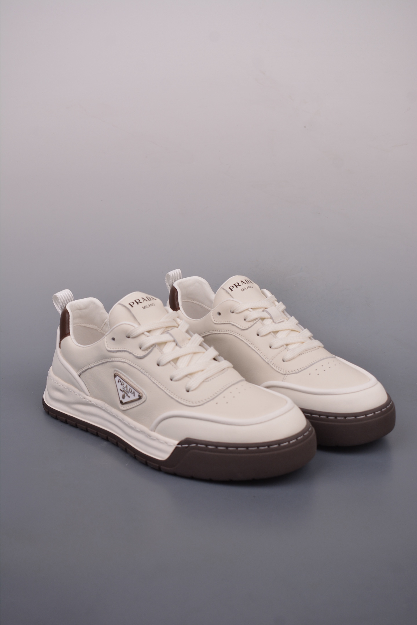 Prada PRAX 02 Triangle Logo Leather Sneakers Casual Sports Shoes White Brown 3D989M_3LF5_FG000