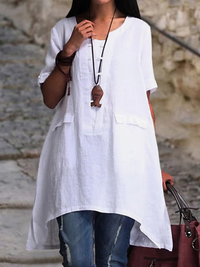 Solid Color Cotton And Linen Loose Mid-Length Shirt