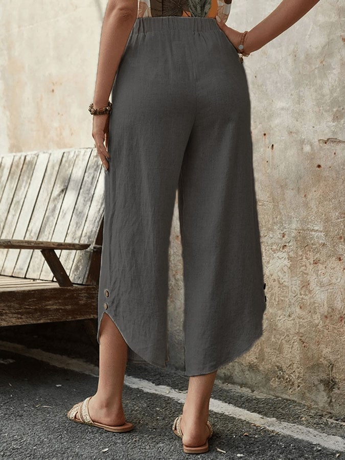 Casual Elegant Cotton And Linen Lace-Up With Pockets Irregular Cropped Pants