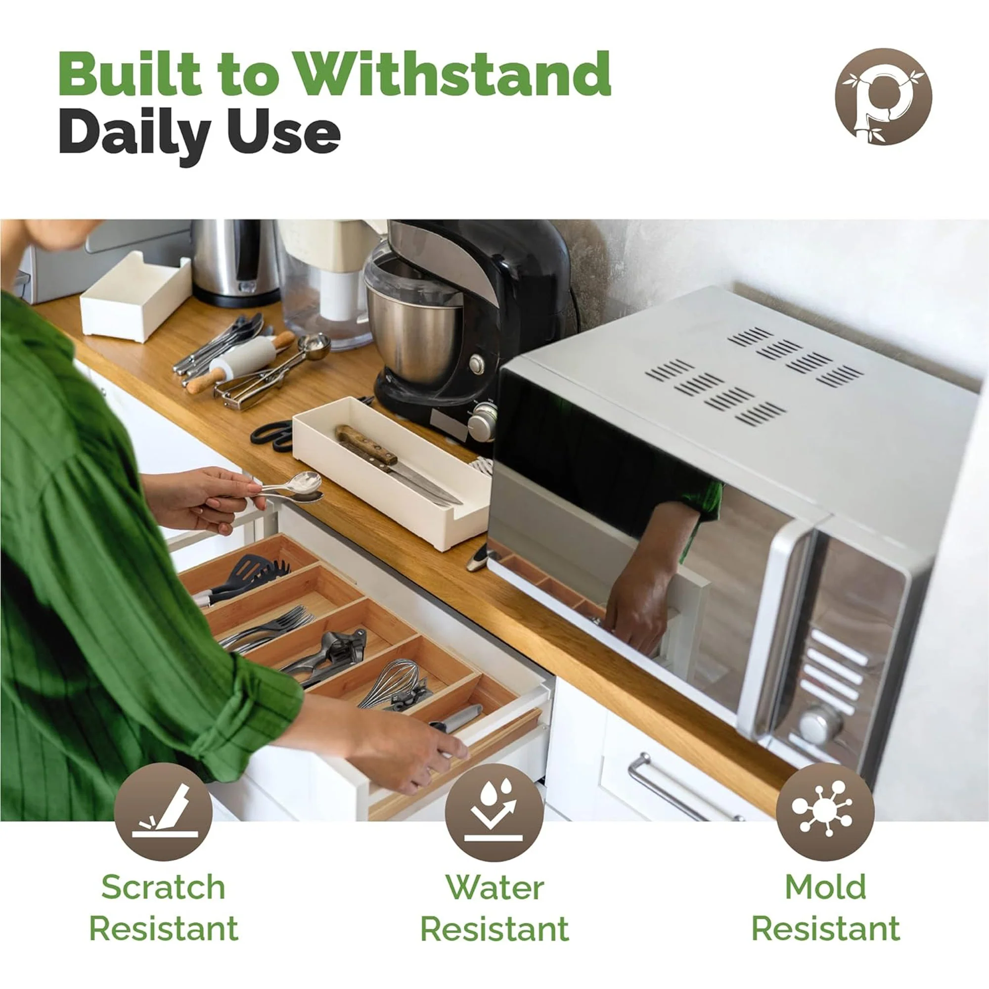 Pristine Bamboo Silverware Expandable Adjustable Wooden Divider Tray Organizer, 5 Slots, 17x19.3x2.4 Inches