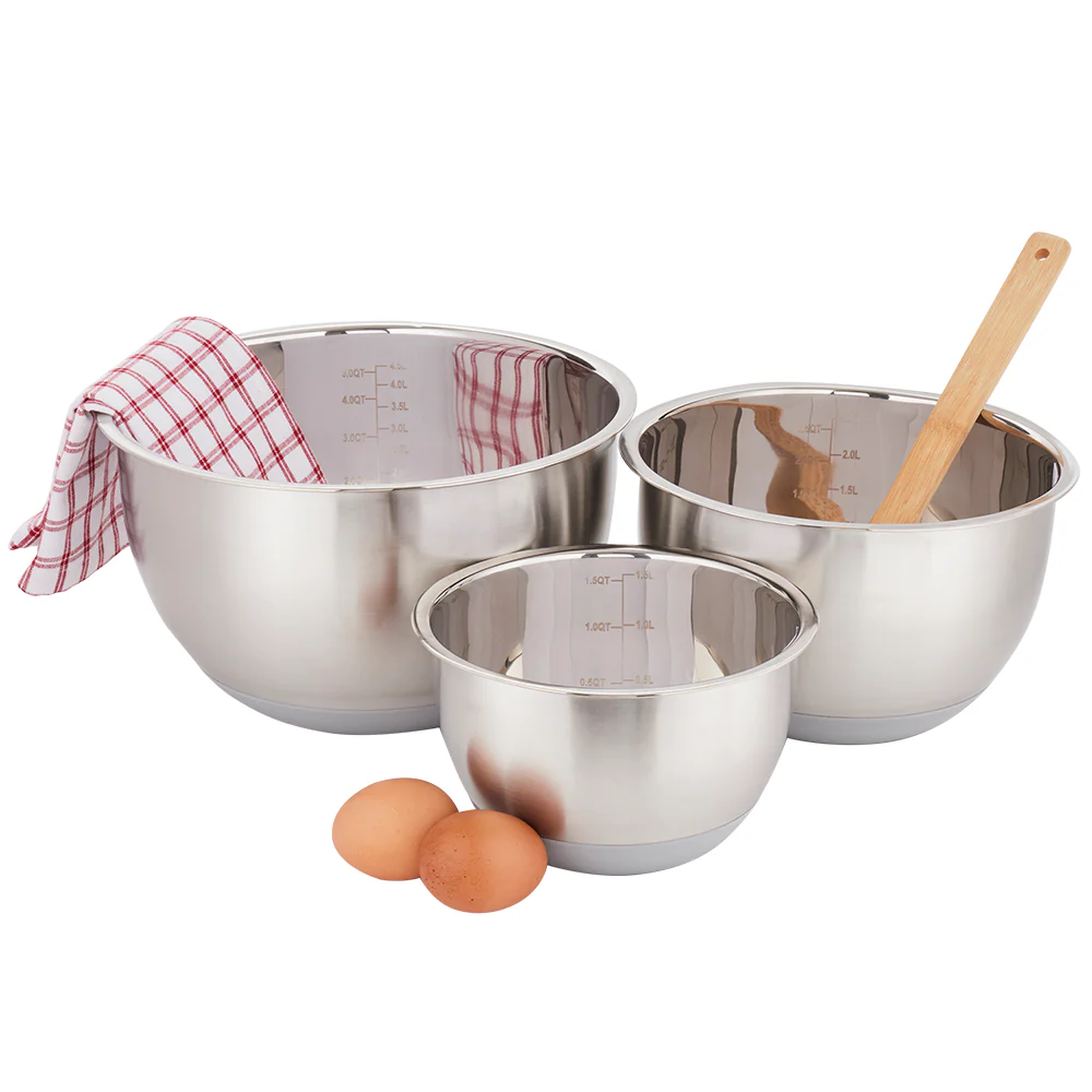 Home Basics 3 Piece Stainless Steel Nesting Mixing Bowls with Rubber Bottoms