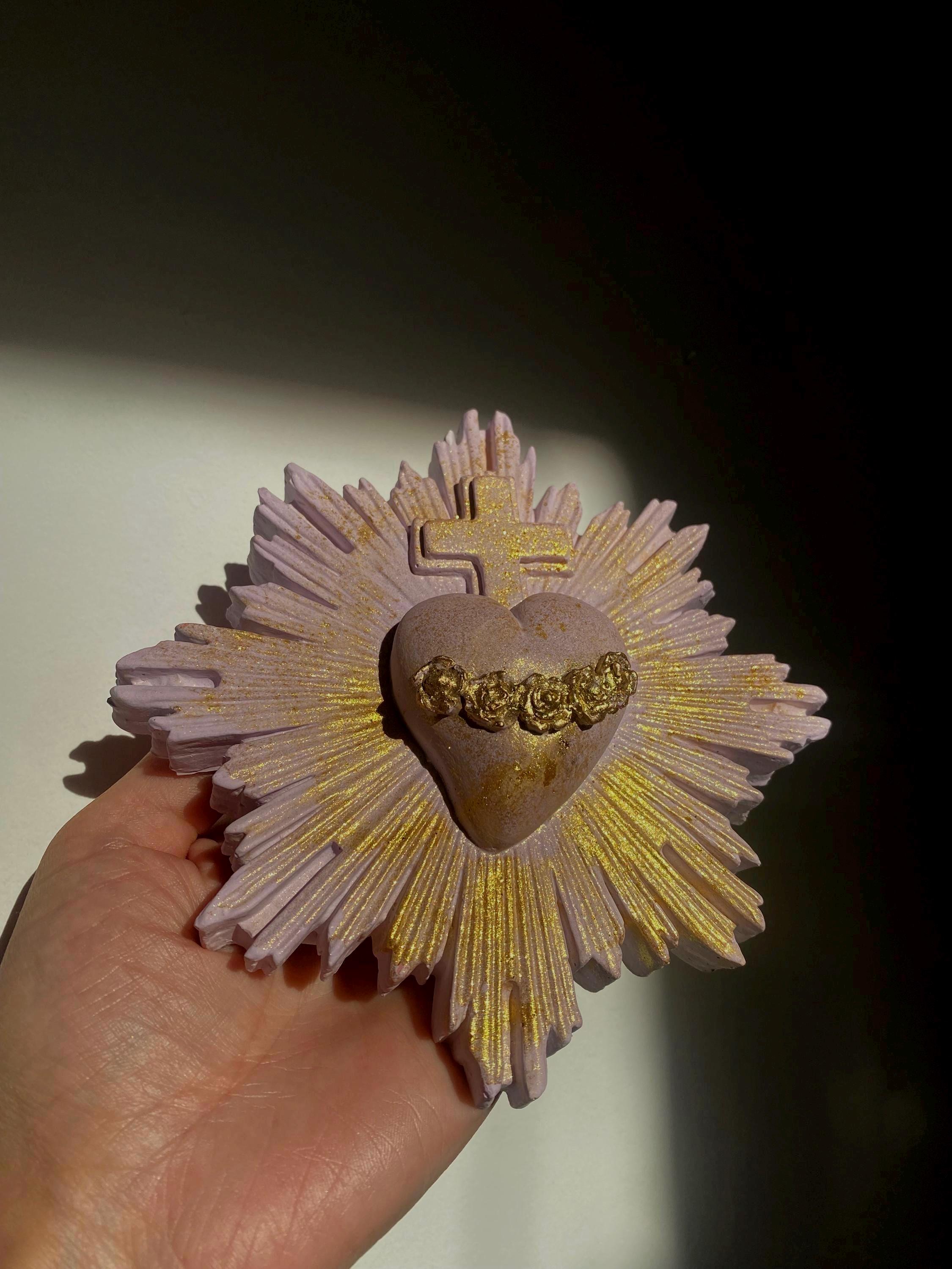 Sacred Heart Wall Decor, Milagro Heart, Flaming Heart & Cross, Handmade.