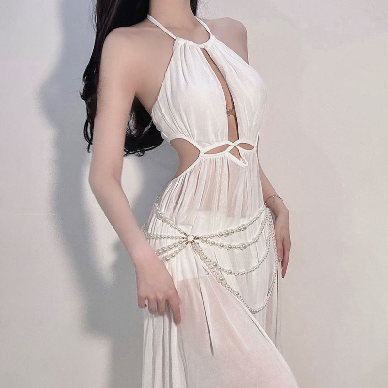 Hollow out See-through Backless Pearl String Slit Lingerie Dress
