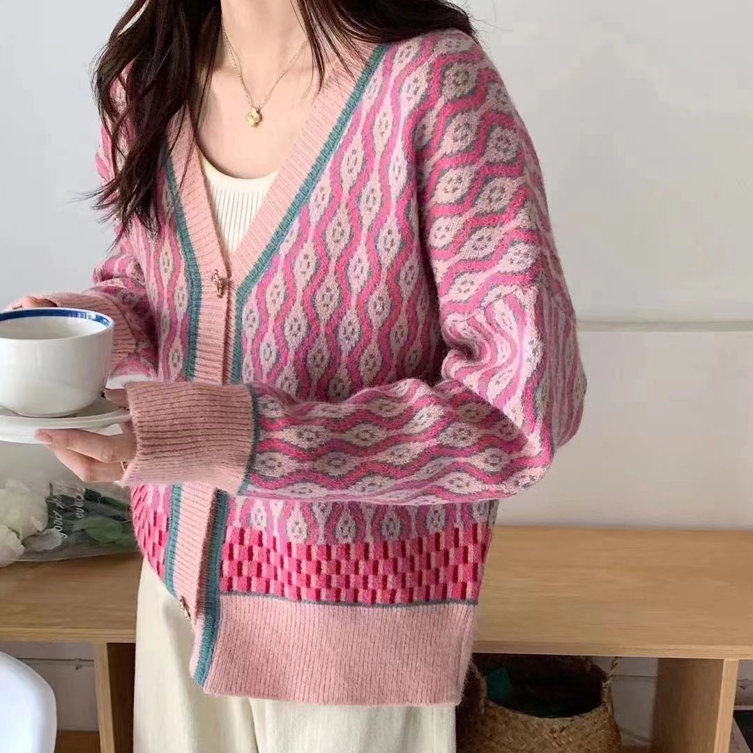 Women's Retro Casual V-neck Bear Button Sweater Cardigan Coat