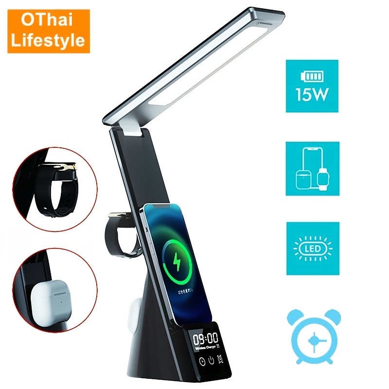 1pc 5-in-1 LED Lighting Table Lamp With Alarm Clock 15W Wireless Fast Charging Station For Mobile Phone Earphone Watch