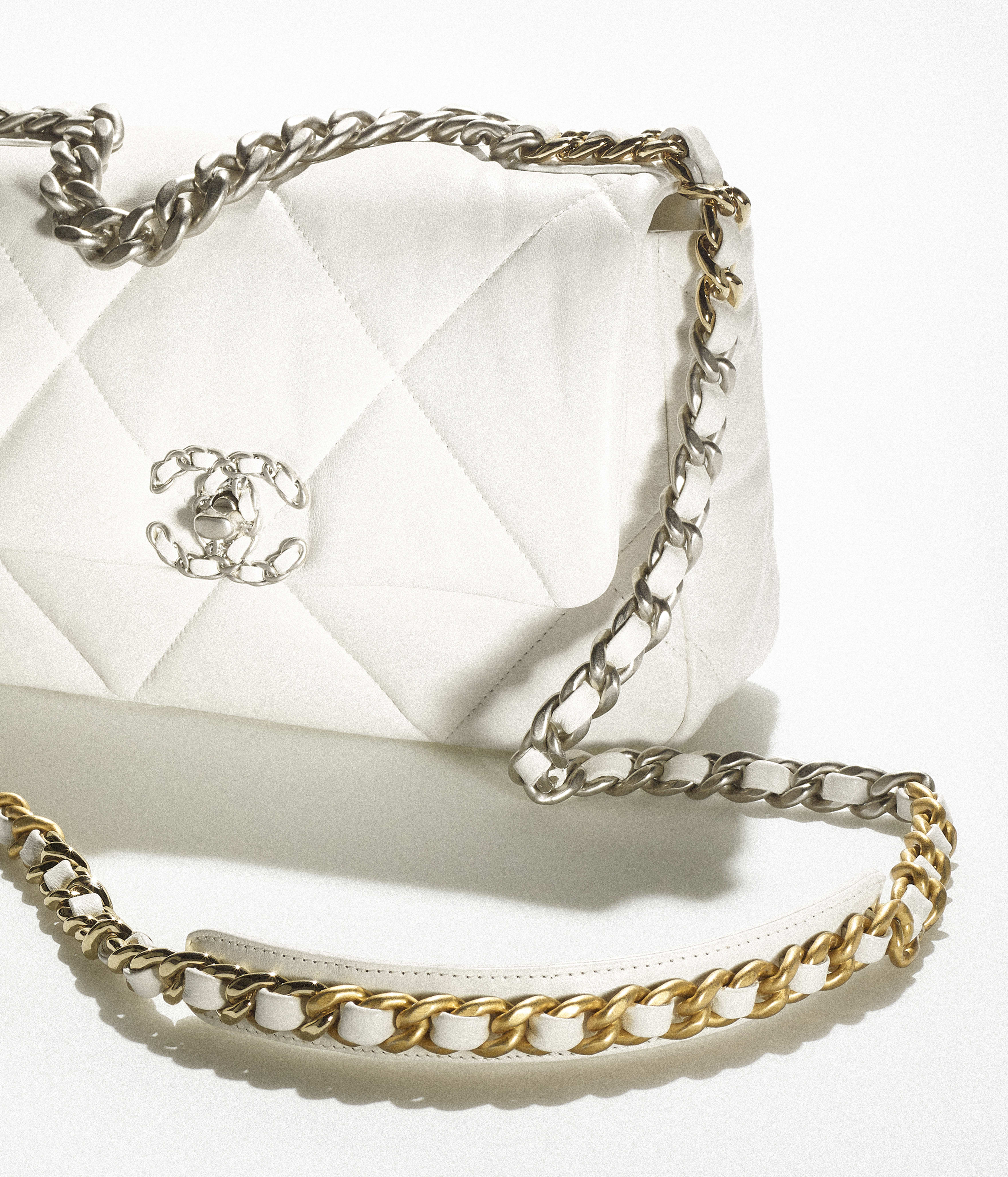 CHANEL 19 Handbag Shiny Lambskin, Gold-Tone, Silver-Tone & Ruthenium-Finish Metal White AS1160-B07327-10601