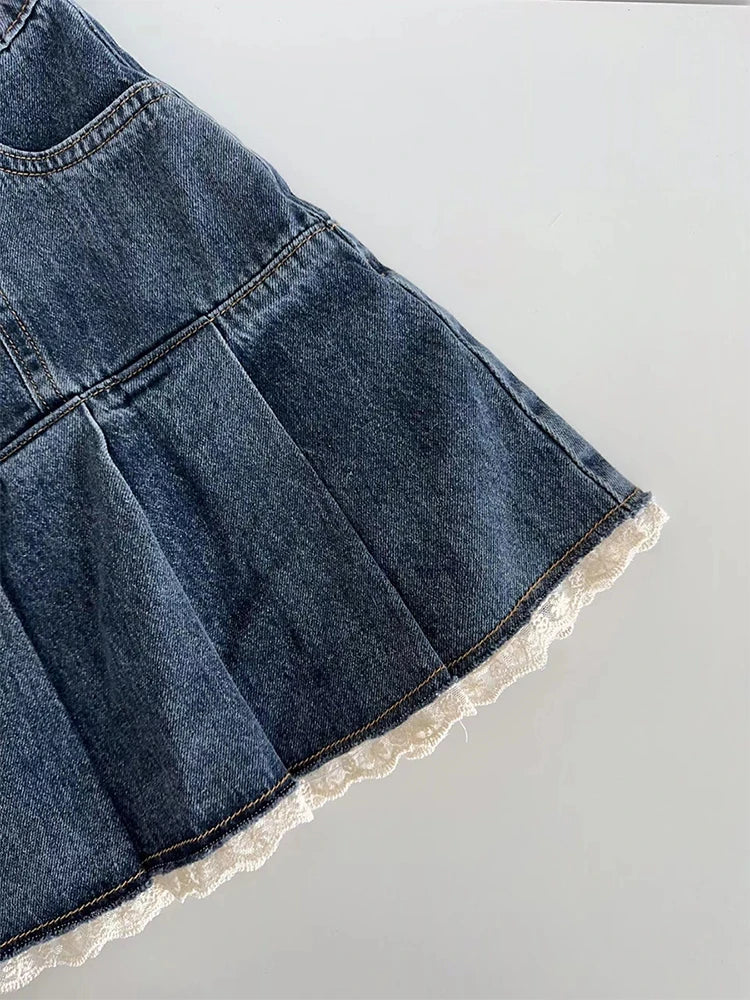 Lace Trim Pleated Denim Mini Skort