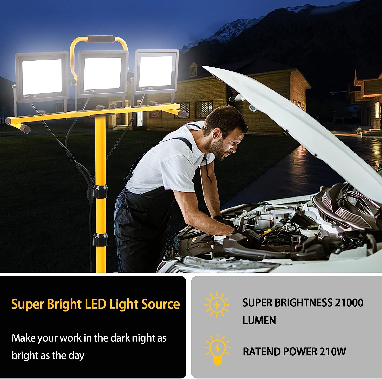 GUWELL 21000 Lumen Work Lights with Stand 3 Adjustable Head LED Work Light
